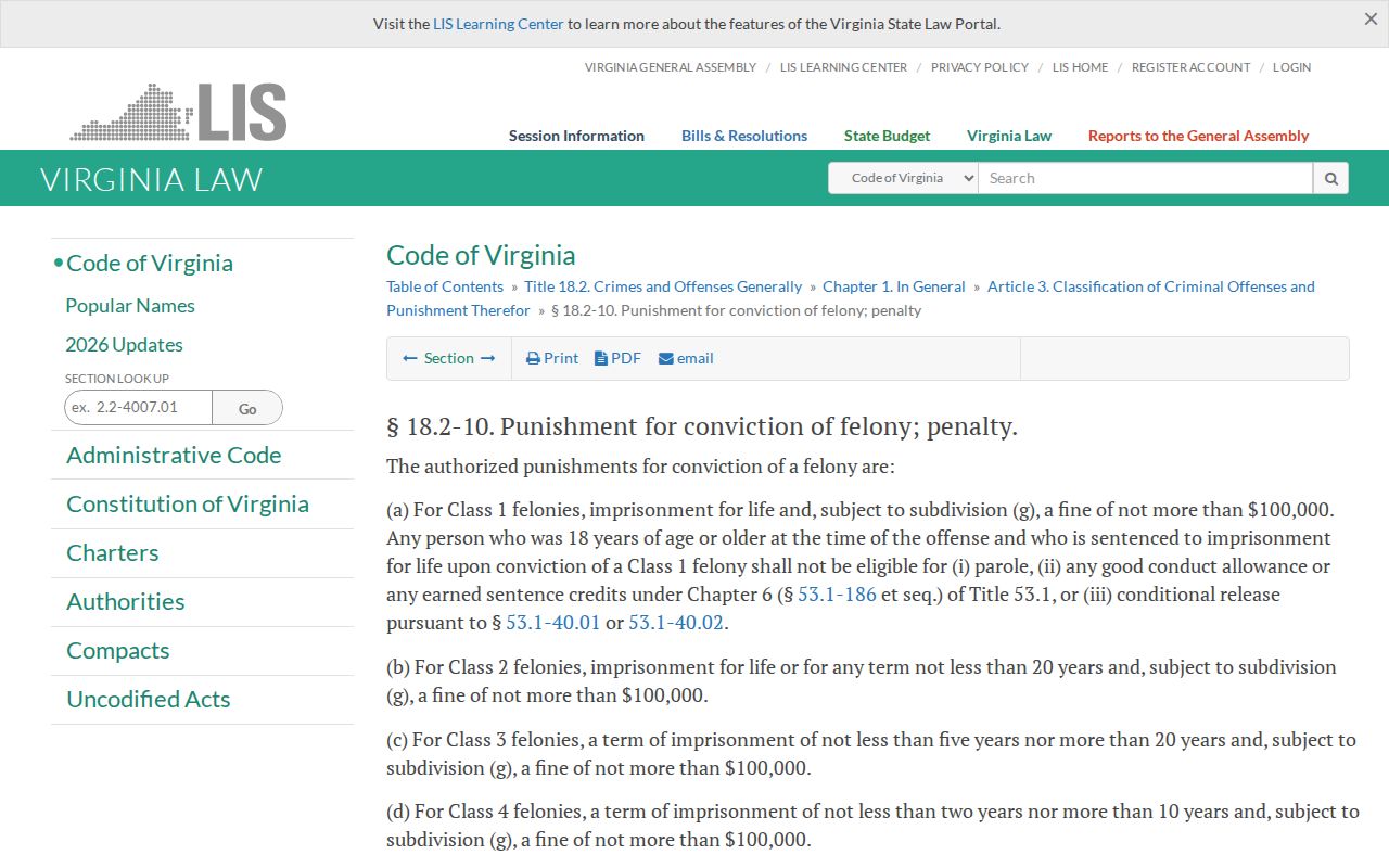 Virginia felony law used with Lynchburg City criminal court records