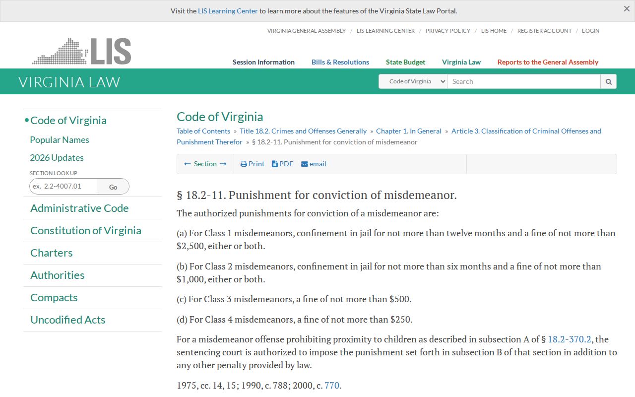 Virginia misdemeanor classifications for Lynchburg City criminal records